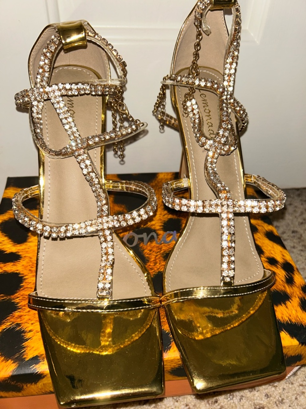 Embellished Gold Rhinestone Strappy High Heel Sandals